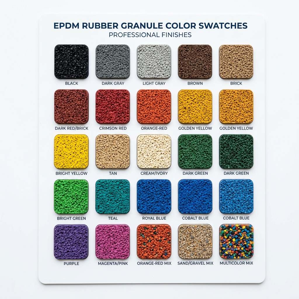Full palette of over 20 available EPDM rubber surfacing colors, from blacks and grays to vivid reds, yellows, greens, blues, and specialty blends