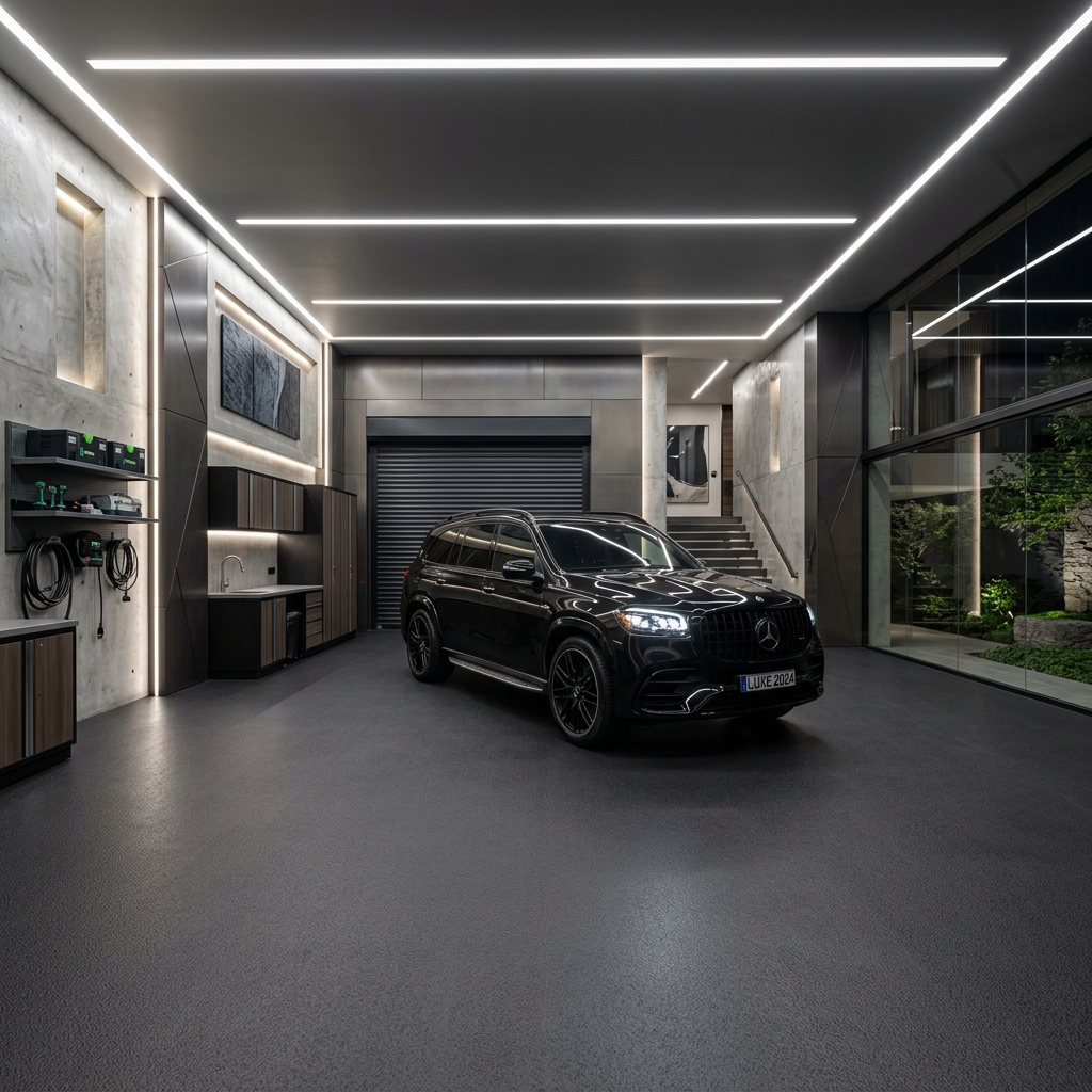 Heavy-duty EPDM rubber flooring in a luxury residential garage