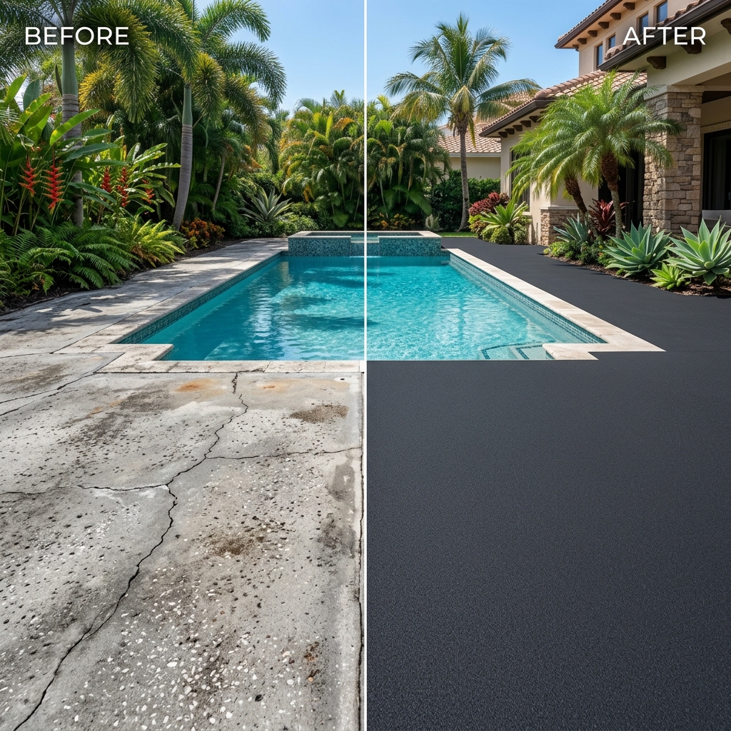 Before and after comparison of a pool deck transformed with EPDM rubber surfacing